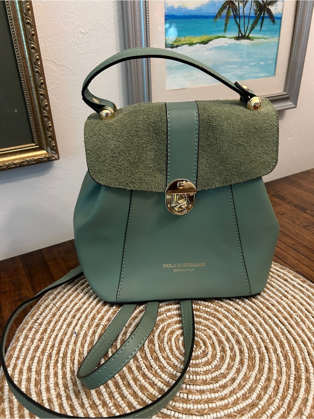 Viola Castellani Olive Green Leather & Suede Backpack